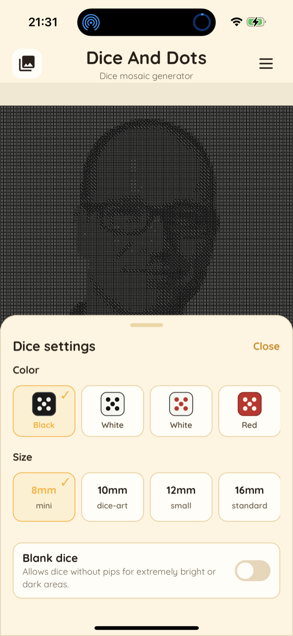 Pick dice color and size